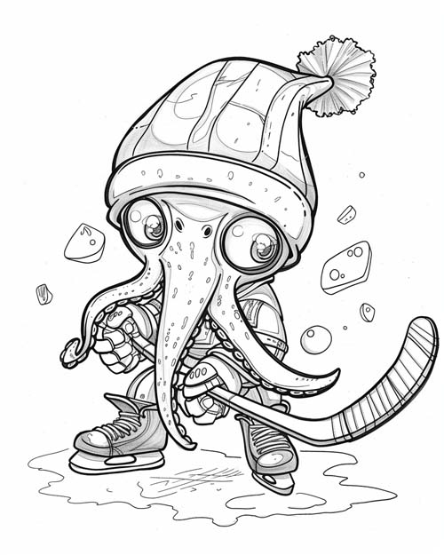 chibi coloring page of a squid hockey player