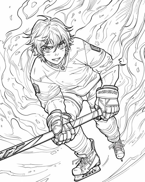 coloring page of a hockey player in flames