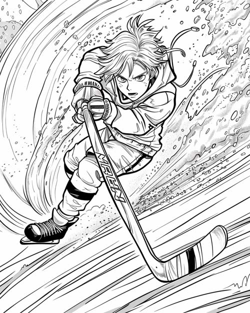 coloring page of a hockey player in a flood