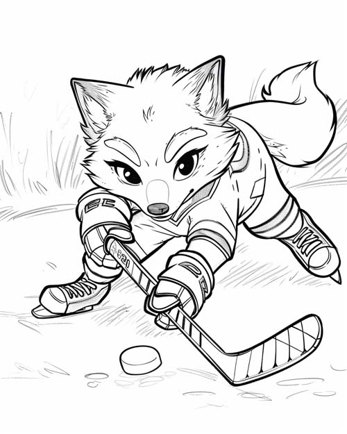 coloring page of a fox hockey player