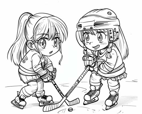 coloring page of girls playing hockey