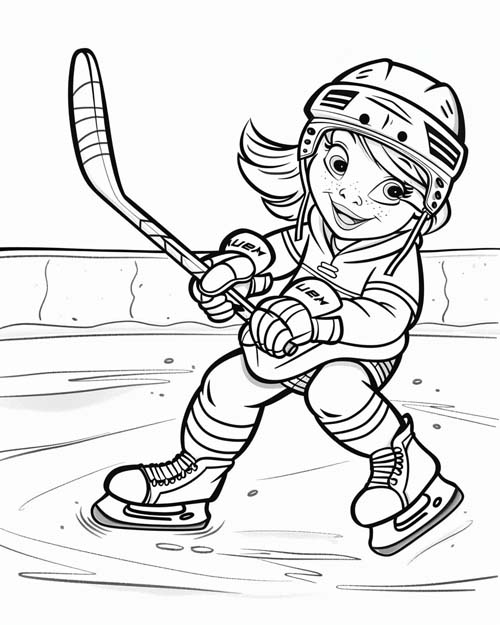 coloring page of a girl playing hockey