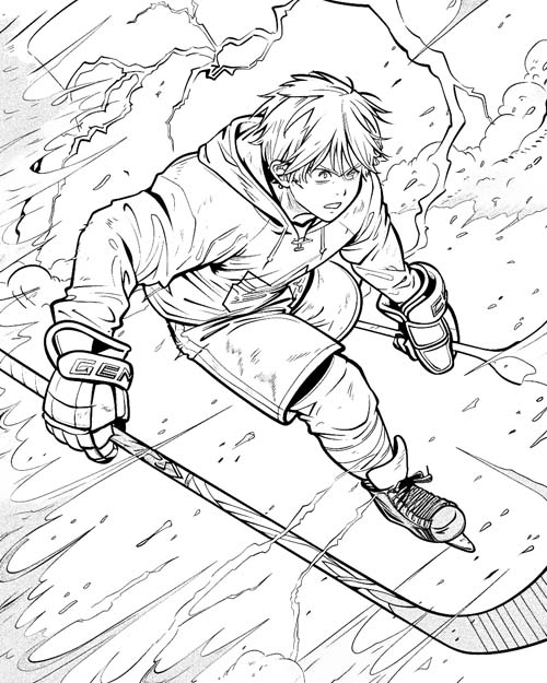 coloring page of a hockey player in a storm