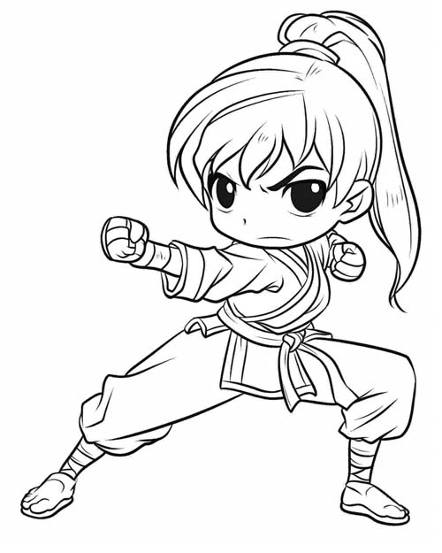 coloring page of a karate kid practicing their kata