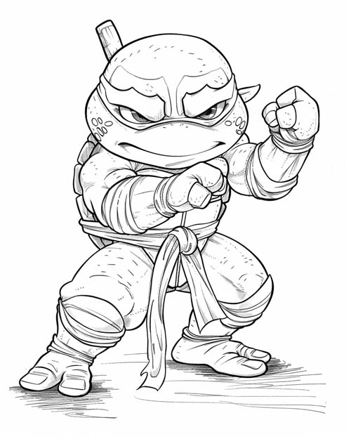 coloring page of a ninja turtle practicing karate