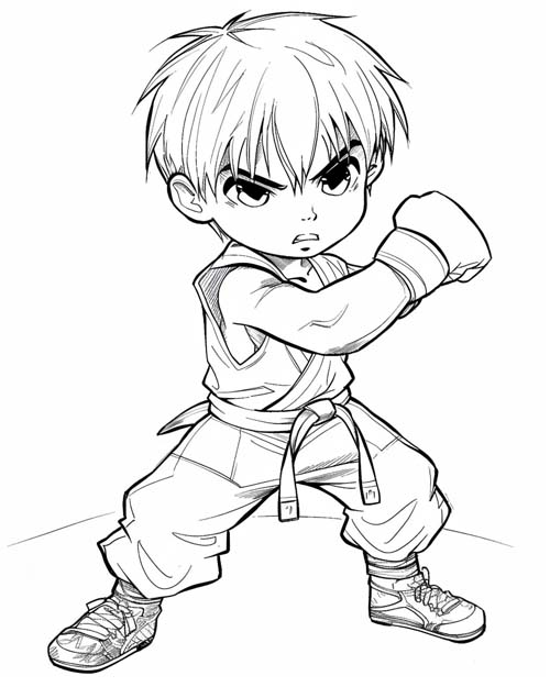 coloring page of boy practicing karate