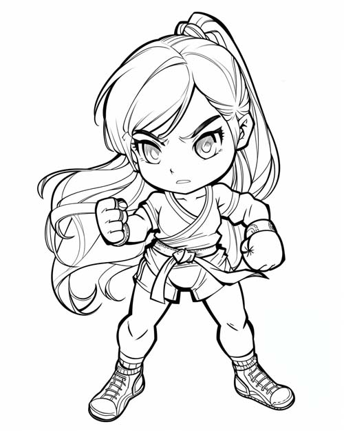 coloring page of a girl practicing karate