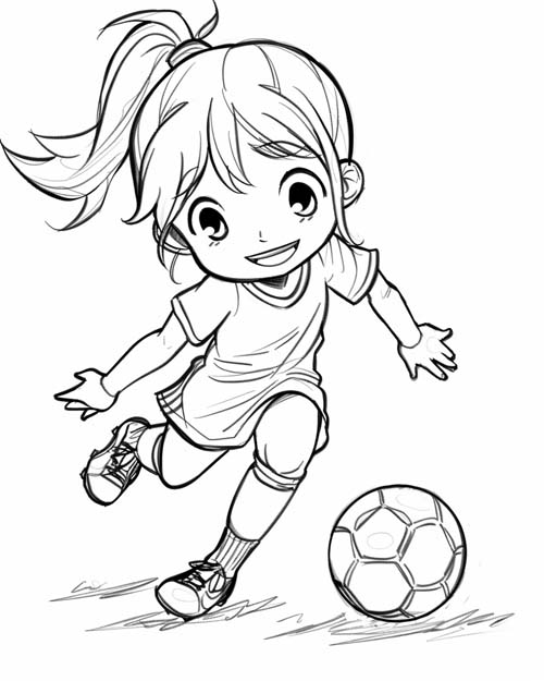 chibi coloring page of a girl playing soccer