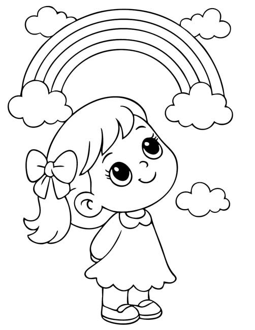 easy coloring page for preschoolers | girl looking up at a rainbow