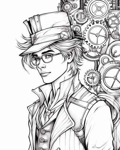 Young steampunk man coloring page