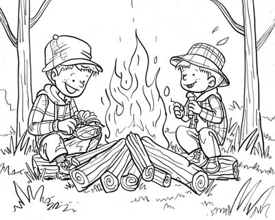 coloring page of kids enjoying the campfire