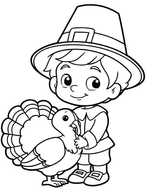 coloring page of a cartoon pilgrim boy with a turkey