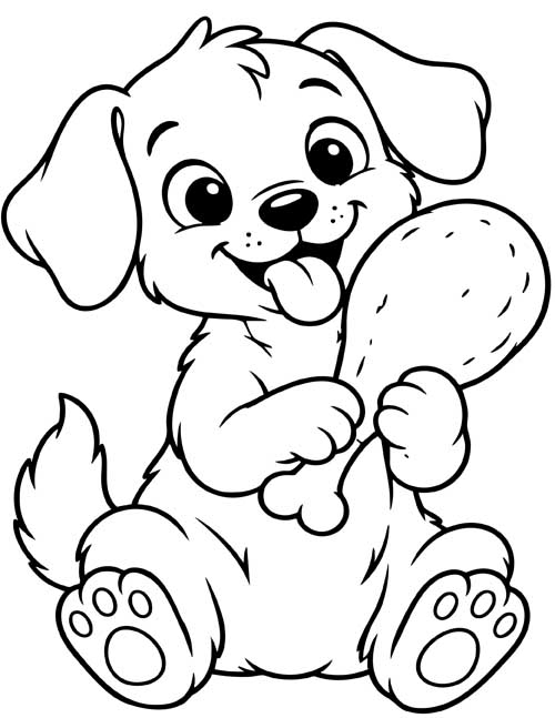 preschool coloring page of a happy puppy holding a giant turkey drumstick