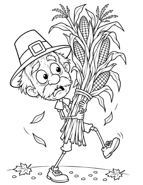 cartoon coloring page of a pilgrim carrying an armful of corn stalks