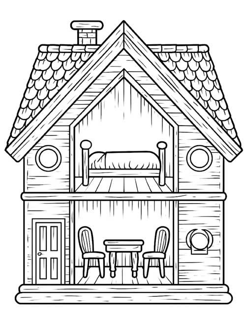 detailed coloring page of a wooden dollhouse with a bed upstairs and a table and chairs downstairs