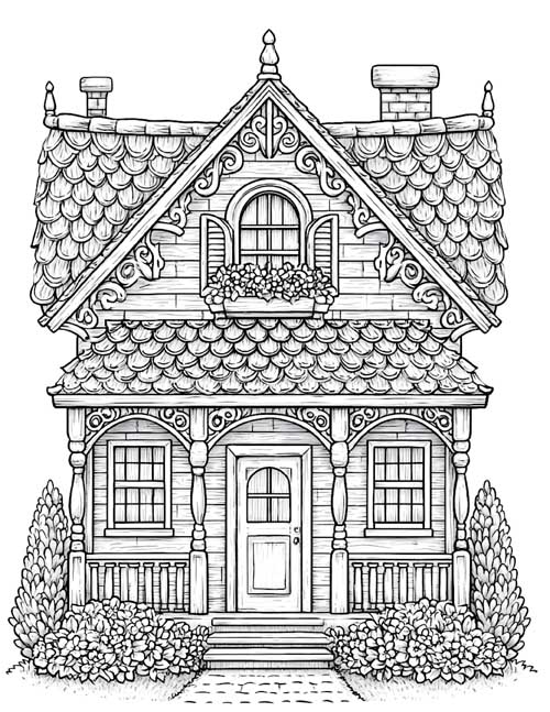 detailed coloring page of a dollhouse with a front porch, shingled roof and flower box