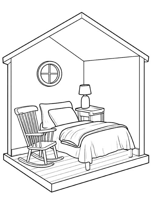 coloring page of a dollhouse bedroom with a bed, a rocking chair and a lamp on a bedside table