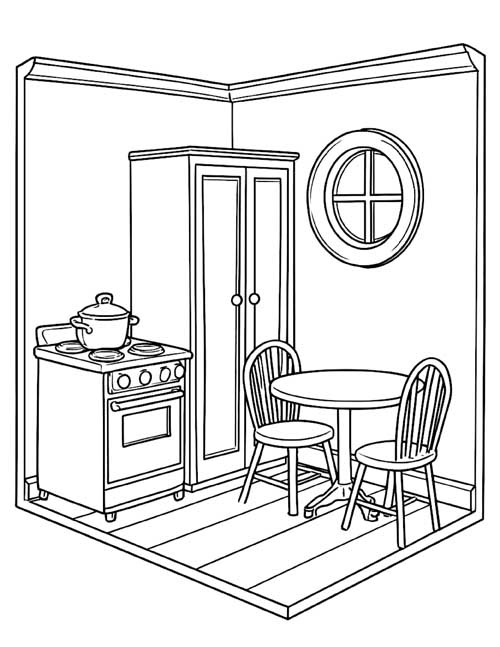 coloring page of a dollhouse kitchen with a stove, a tall cupboard and a small table with two chairs