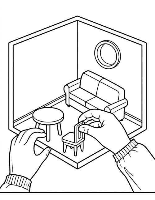 coloring page of two hands placing a tiny chair in a dollhouse living room with a sofa and a round table