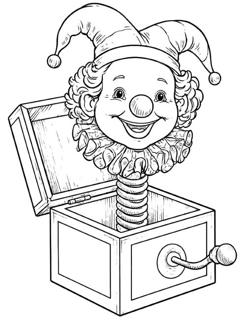 detailed coloring page of a jack-in-the-box with a curly-haired clown in a jester hat