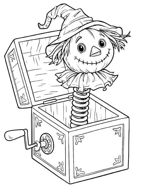 detailed coloring page of a scarecrow popping out of a jack-in-the-box