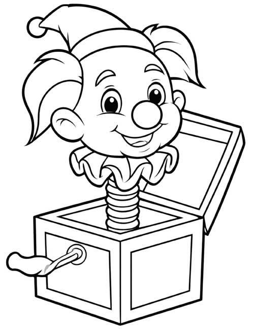 coloring page of a jack-in-the-box with a clown in a pointed hat and a ruffled collar