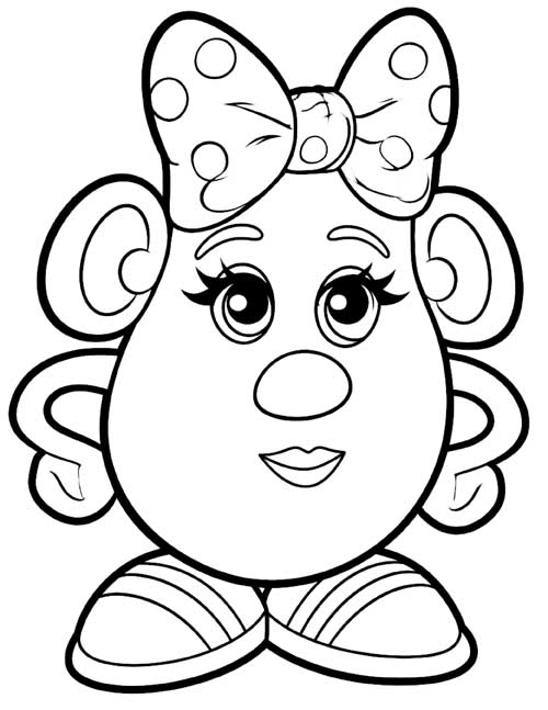 coloring page of Mrs. Potato Head with a big polka dot bow