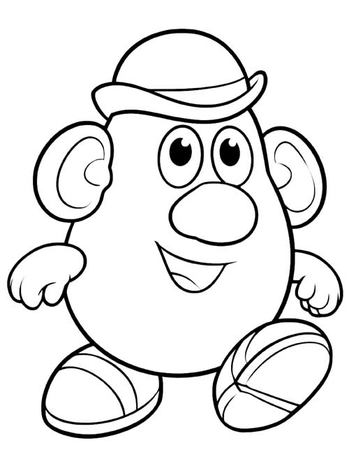 coloring page of a potato toy in a bowler hat walking