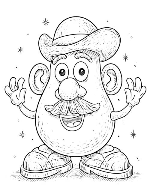 detailed coloring page of Mr. Potato Head with his arms up and sparkles around him