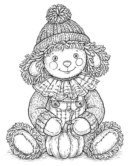 detailed coloring page of a rag doll in a knit hat holding a pumpkin