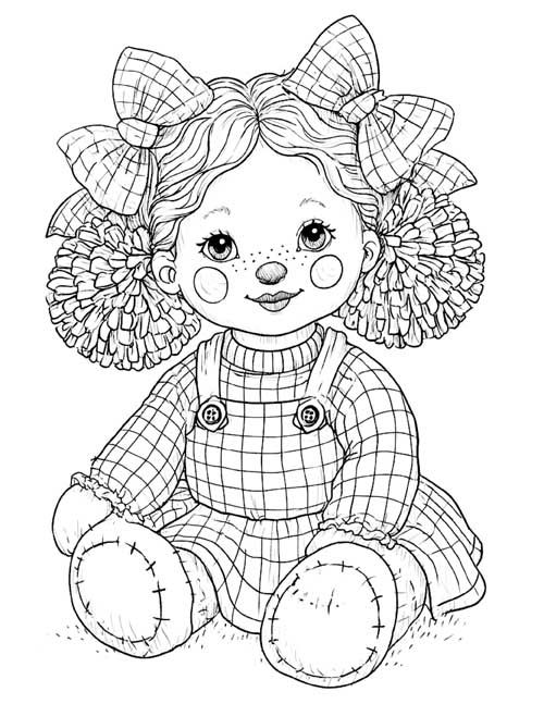 detailed coloring page of a sitting rag doll with plaid bows and yarn hair