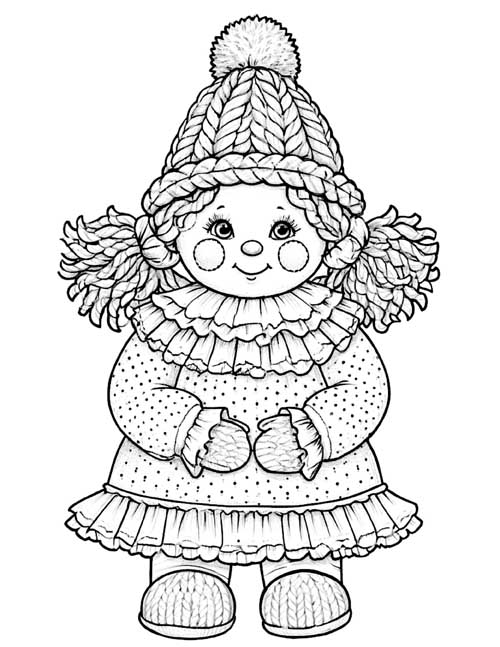 detailed coloring page of a rag doll in a knit hat with a pom-pom and a polka dot dress