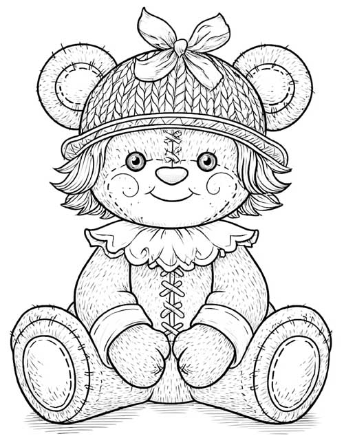 detailed coloring page of a stuffed rag doll with round ears and a knit hat with a bow