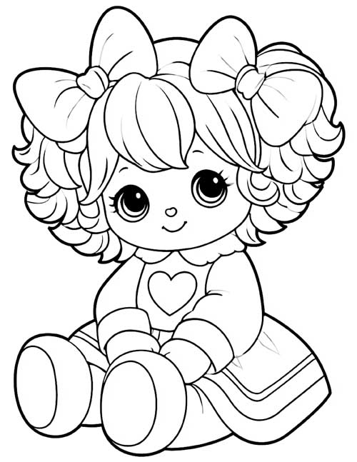 coloring page of a sitting rag doll with big bows and a heart on her dress