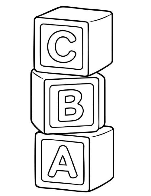 coloring page of three stacked alphabet blocks with the letters A, B and C