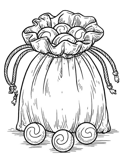 detailed coloring page of a drawstring bag of marbles with three marbles on the ground