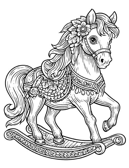 detailed coloring page of a decorated rocking horse with a flower in its mane