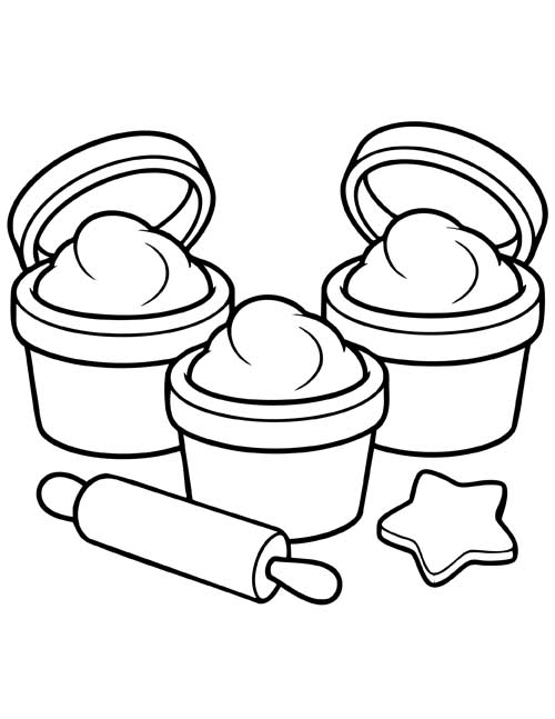 coloring page of three tubs of play dough with a rolling pin and a dough star