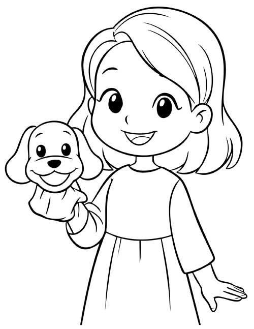 coloring page of a girl with a puppy hand puppet