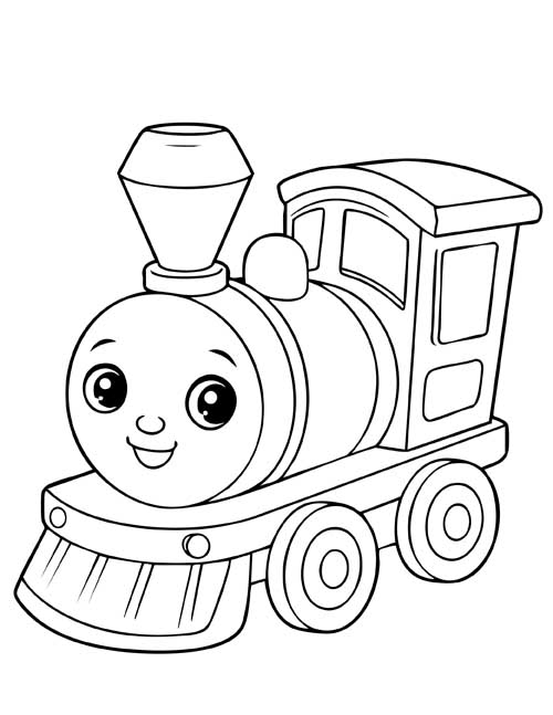 coloring page of a toy train engine with a smiling face