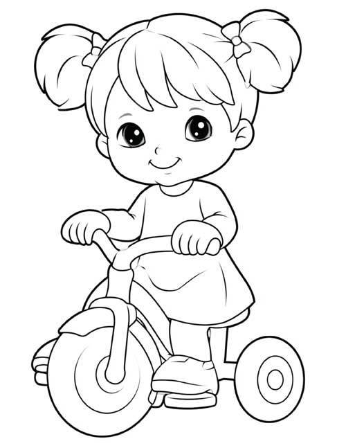 coloring page of a girl with pigtails on a tricycle