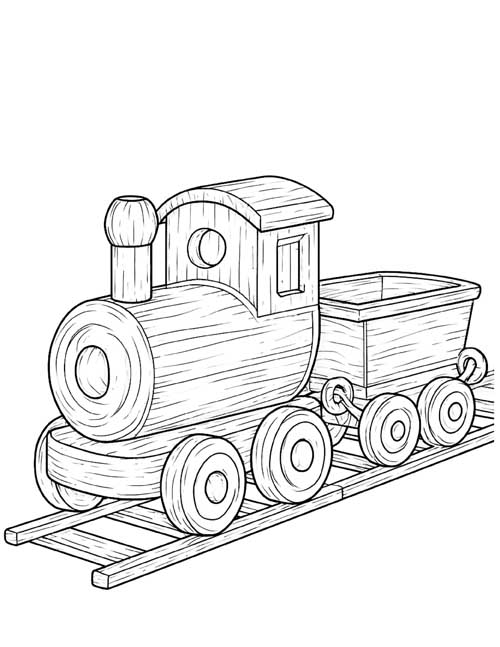 detailed coloring page of a wooden toy train engine and car on a track