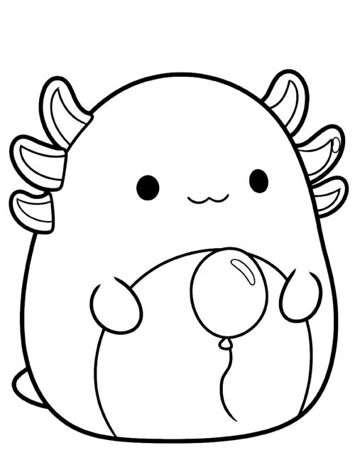 coloring page of a squishy axolotl plush holding a balloon
