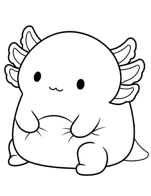 coloring page of a squishy axolotl plush sitting with feathery gills