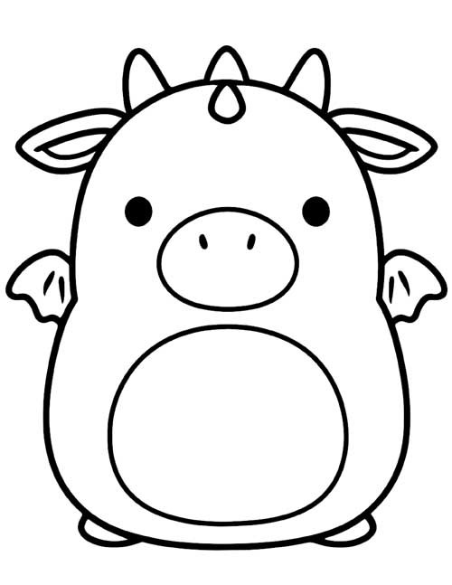 coloring page of a squishy dragon plush with horns and tiny wings