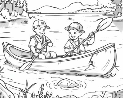 coloring page of kids in a canoe