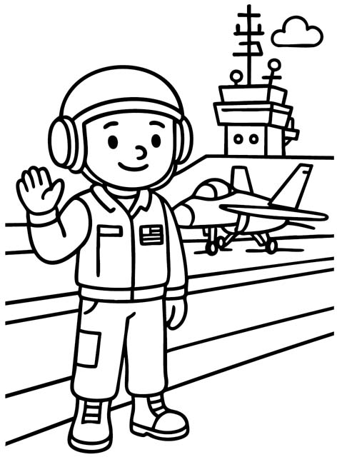 coloring page of a air force service member on an aircraft carrier