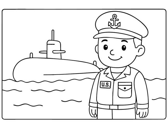 preschool coloring page of a submarine and US navy service member