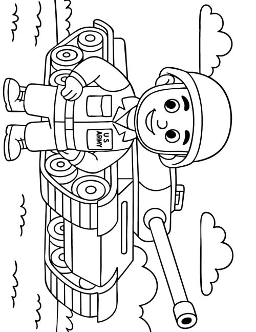 coloring page of an army service member and tank
