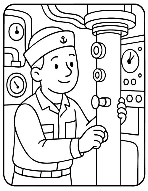 preschool coloring page of a US navy service member inside a submarine
